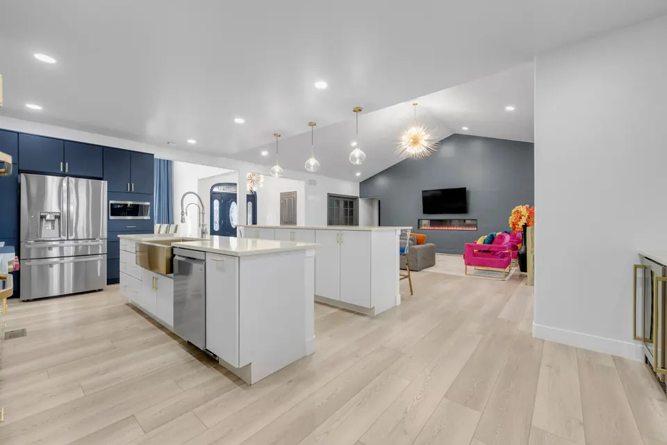 Open-plan kitchen and living area with large island, Denver, CO